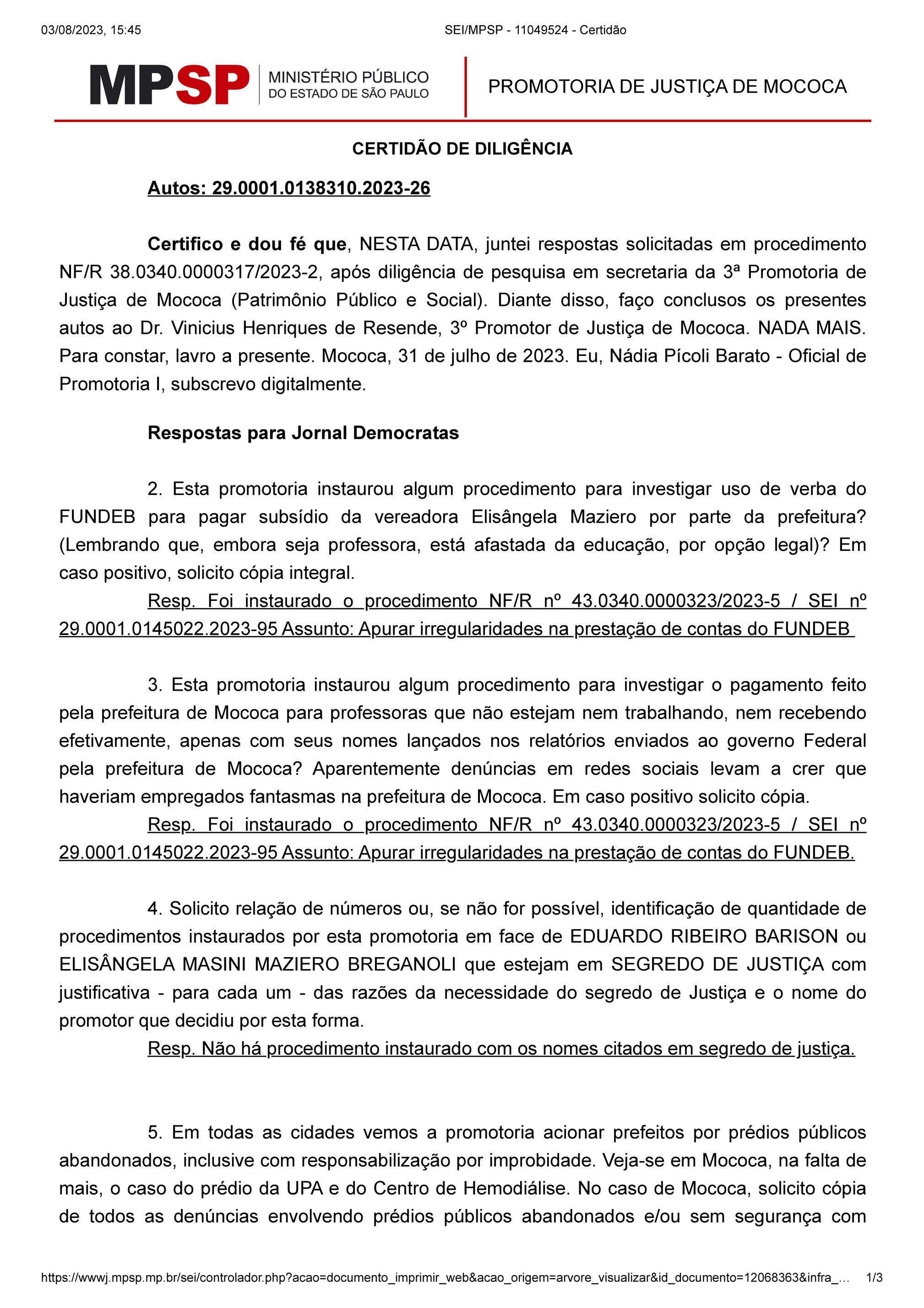 jornaldemocrata - SEI_MPSP - 11049524 - Resposta MPSP questionamentos  julho2023 - Página 1 - Created with Publitas.com