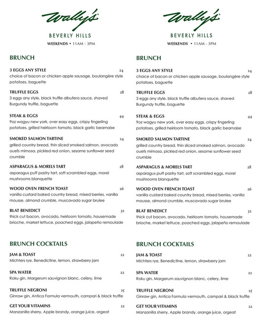 Wally's Wine and Spirits - Beverly Hills Brunch Menu - Page 1