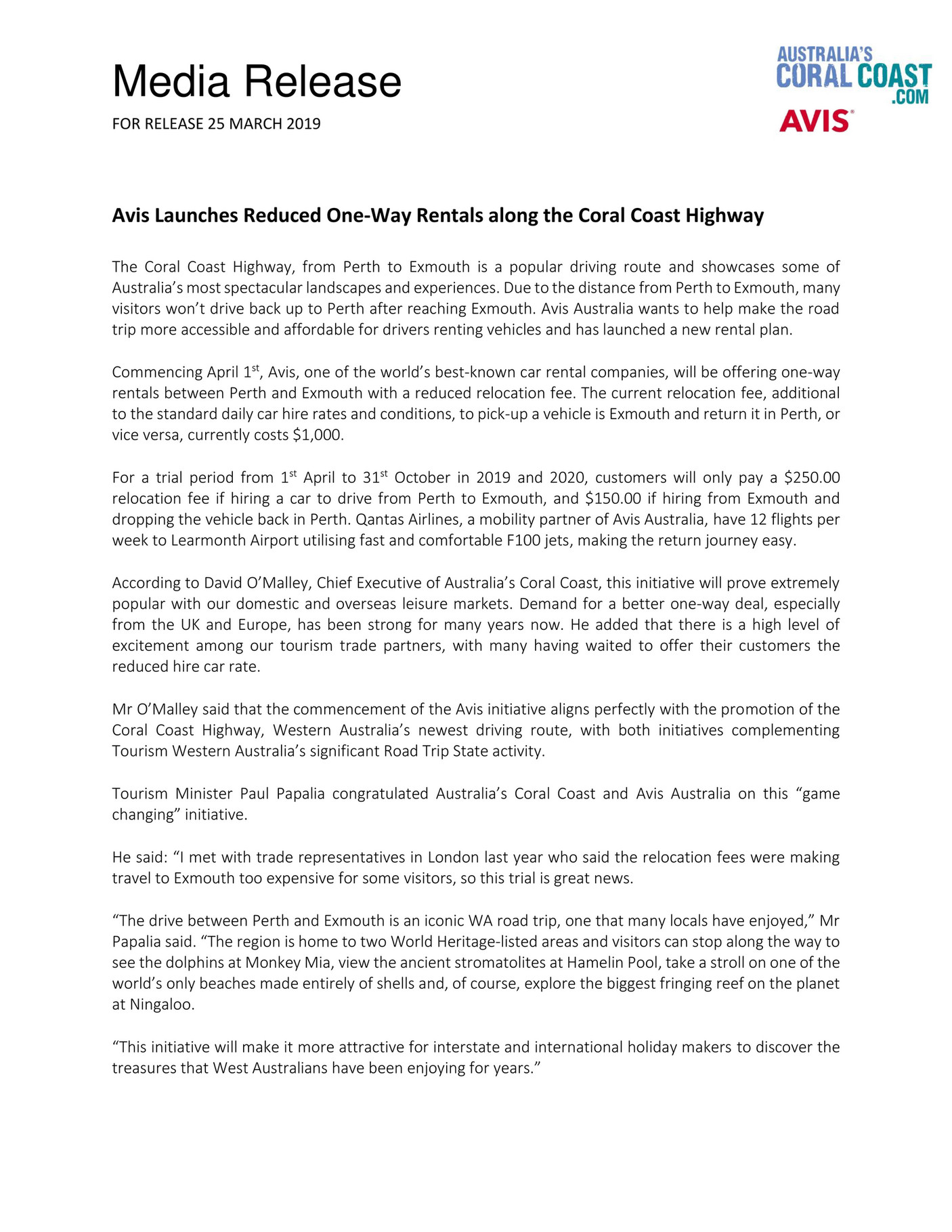 Australia's Coral Coast 2019 Media Release Avis one way rentals