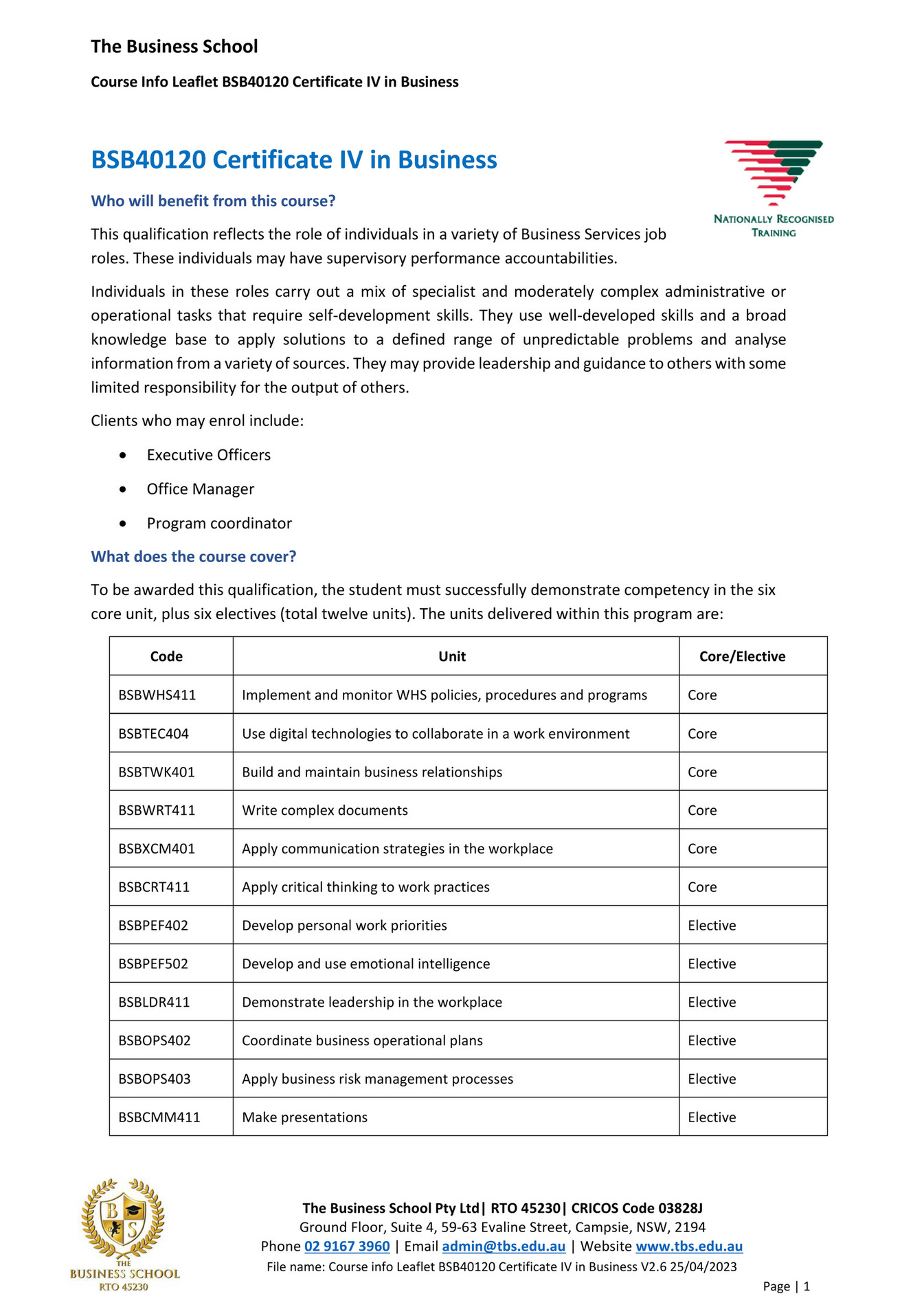 The Business School - Domestic Course Info Leaflet - Certificate IV in ...