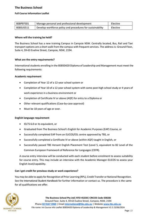 The Business School - International Course Info Leaflet - Diploma of ...