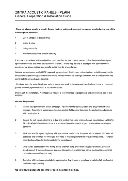 Tektura Tektura and Zintra acoustic PLAIN PANELS installation Page 1