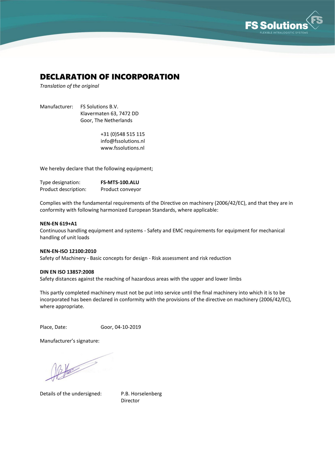 FS Solutions - Declaration of incorporation FS-MTS-100.ALU (4-10-2019 ...