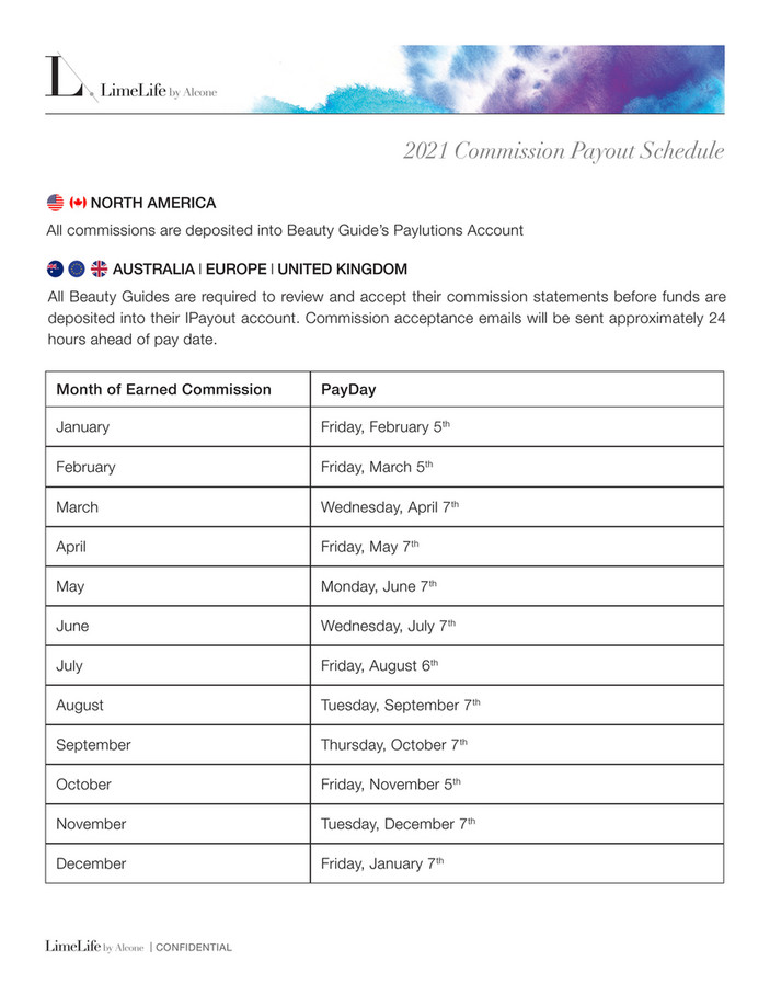 Limelife by Alcone UK - 2021 LimeLife Payout Schedule - Page 1