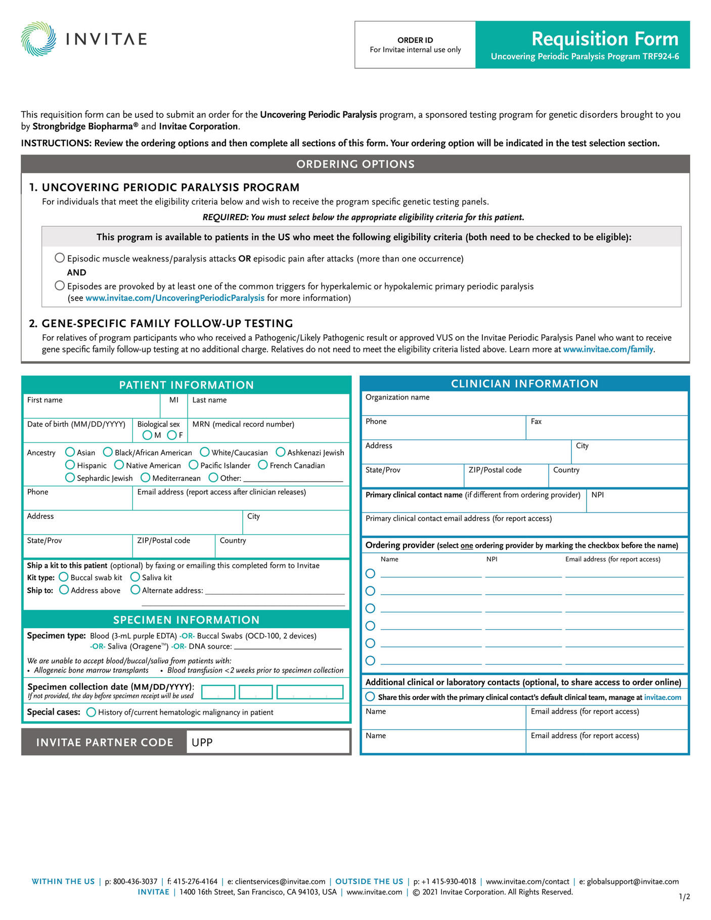 Invitae - TRF924_Invitae_UPP_order_form - Page 1