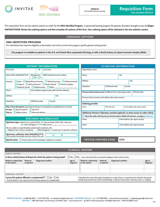 Invitae - TRF934_Invitae_SMA_Identified_order_form - Page 1