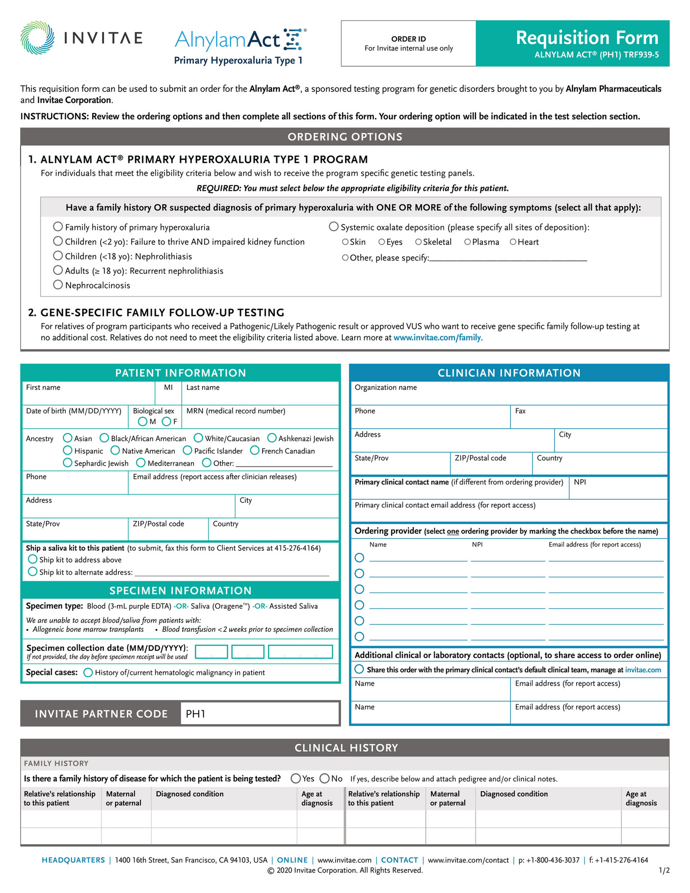 Invitae Trf939invitaealnylamactph1orderform Page 1