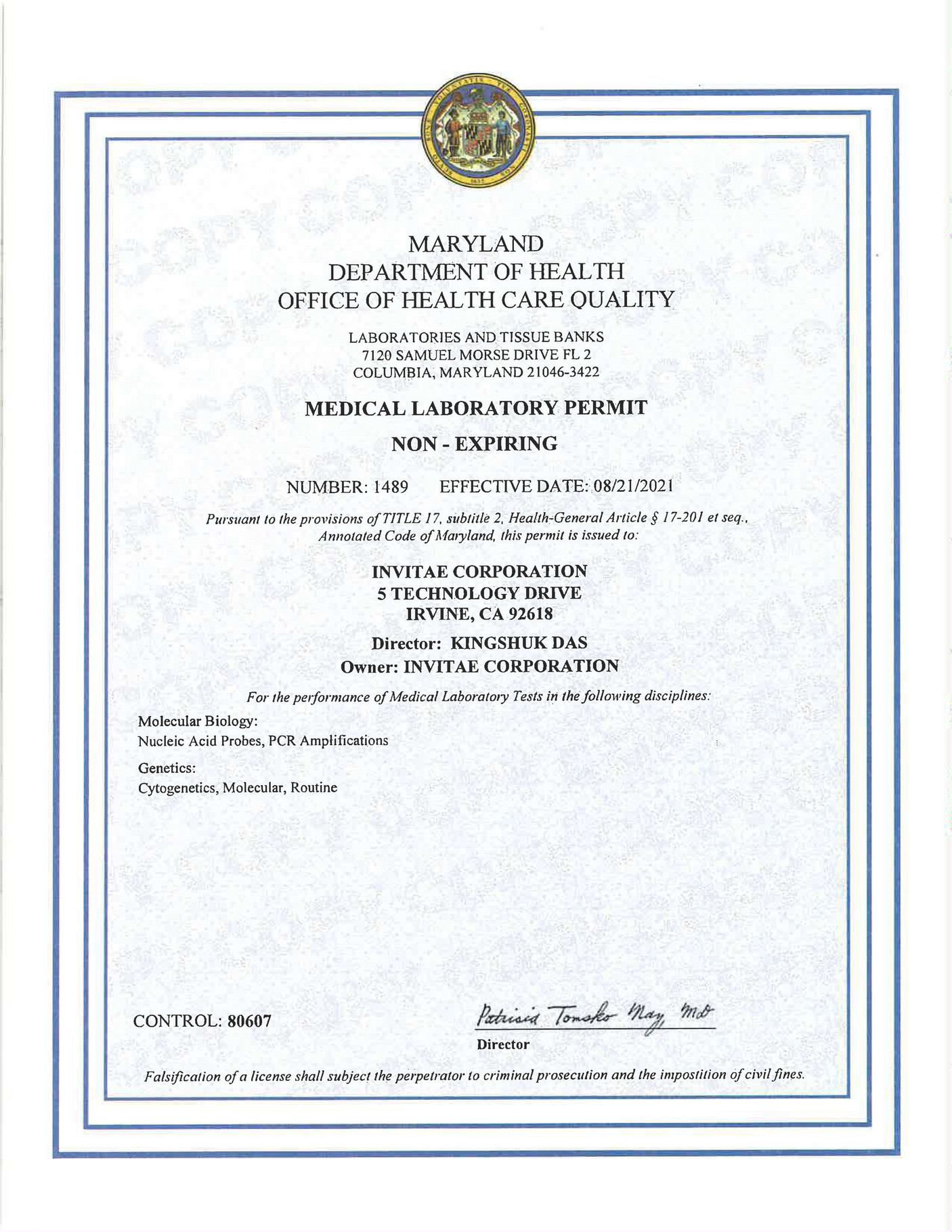 Invitae Invitae_Irvine_MD_license Page 1