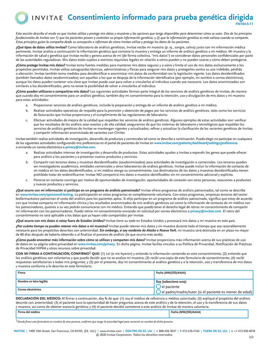 Invitae FM104S_Invitae_Patient_Consent_Form_Spanish Page 2