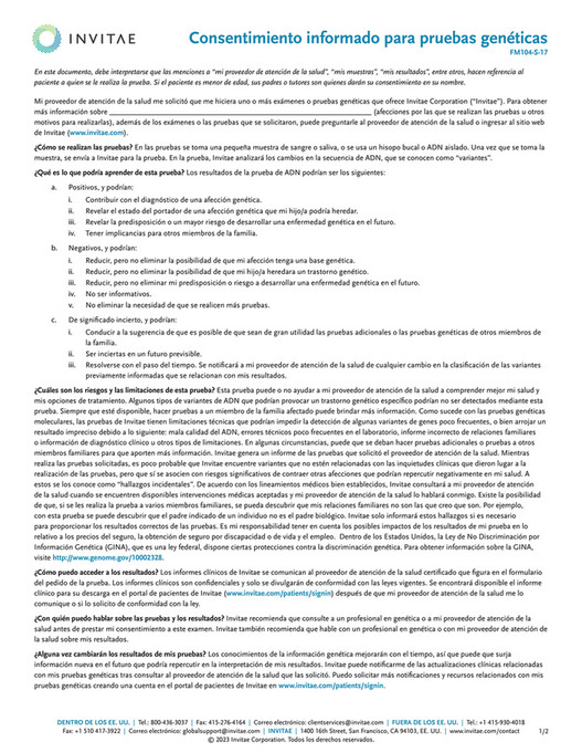 Invitae FM104 S Invitae Patient Consent Form Spanish Page 1
