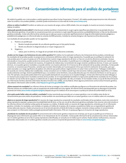 Invitae FM158 S Invitae Carrier Screening Consent Form Spanish Page 1