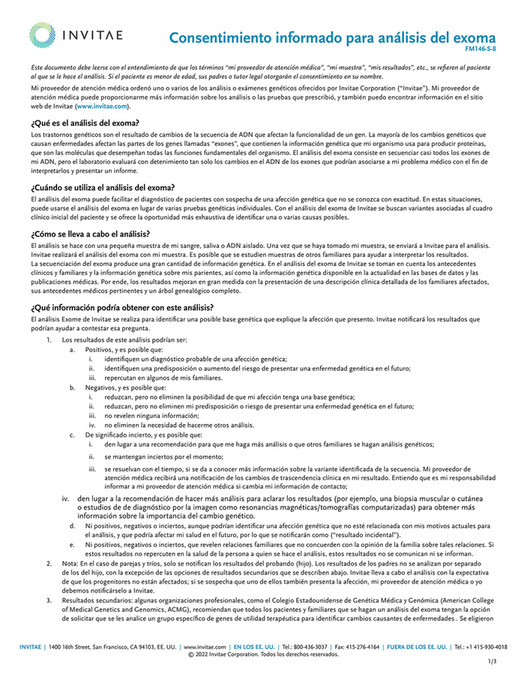 Invitae FM146 S Invitae Exome Consent Form Spanish Page 1