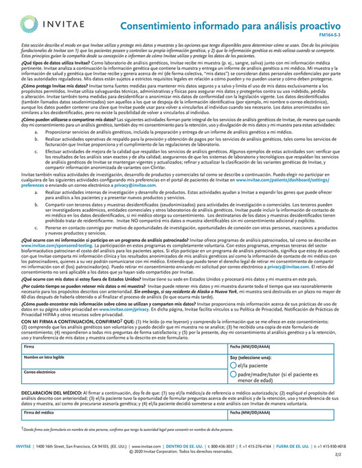 Invitae FM164 S Invitae Proactive Consent DOM Form Spanish Page 2