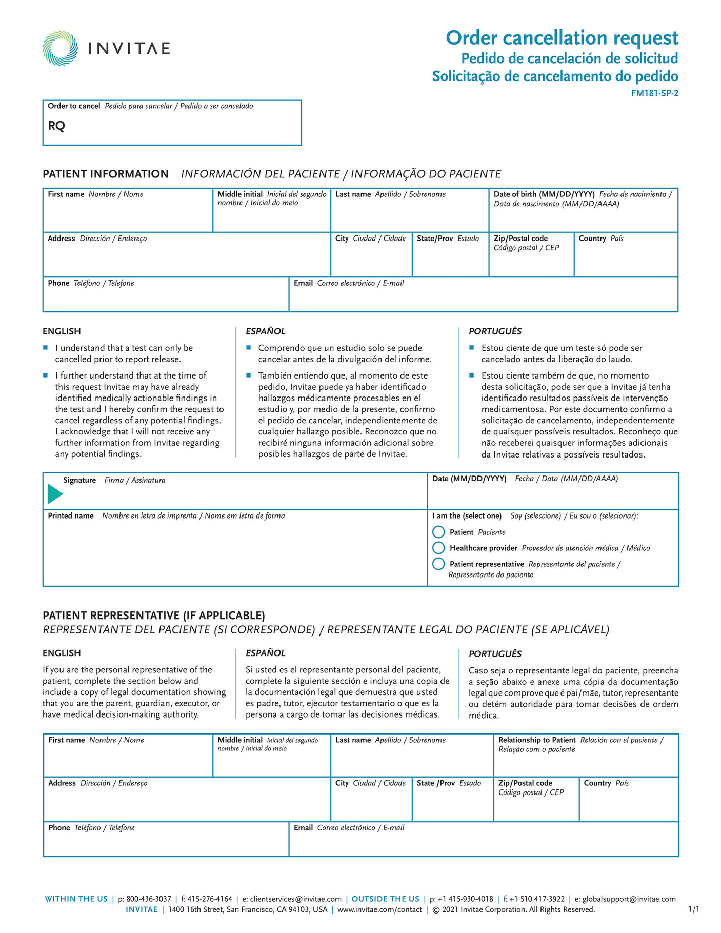 Invitae FM181S_Order_Cancellation_Form_Spanish Page 1