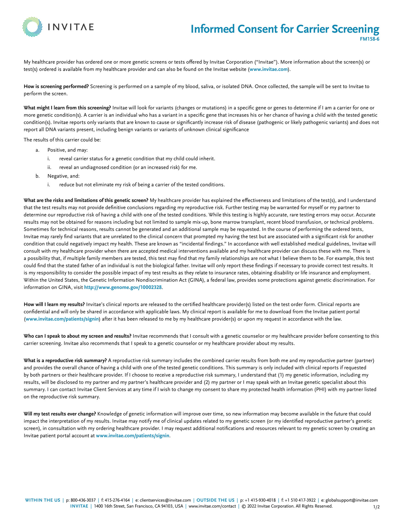 Invitae FM158 Invitae Carrier Informed Consent Form Page 2
