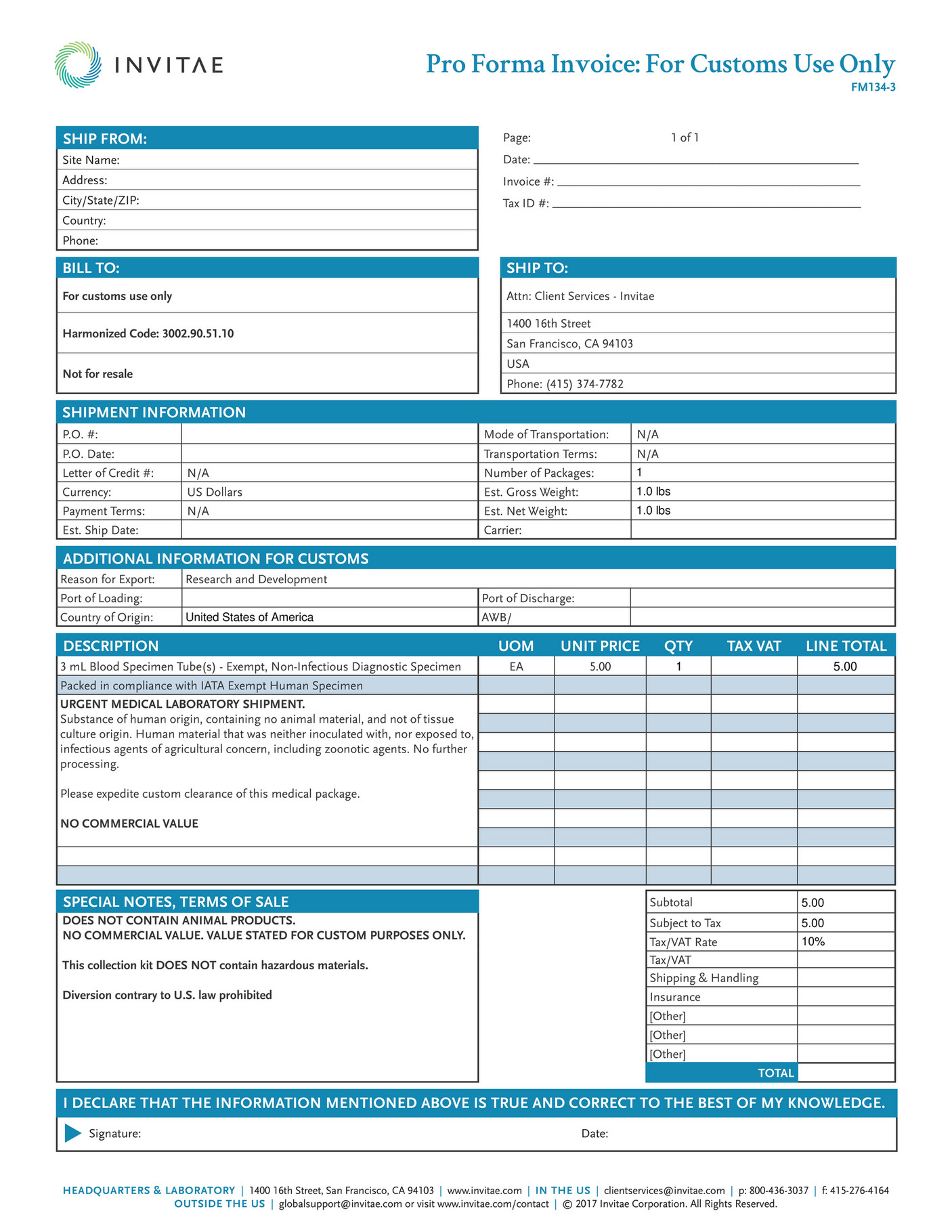 Invitae - FM134_Proforma_Invoice_Inbound_Blood_Form - Page 1