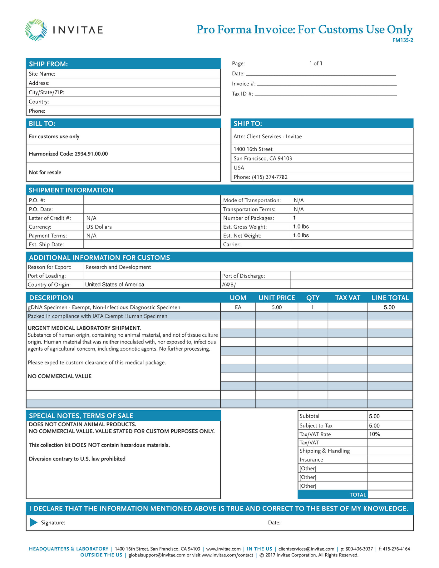 Invitae - FM135_Proforma_Invoice_Inbound_DNA_Form - Page 1