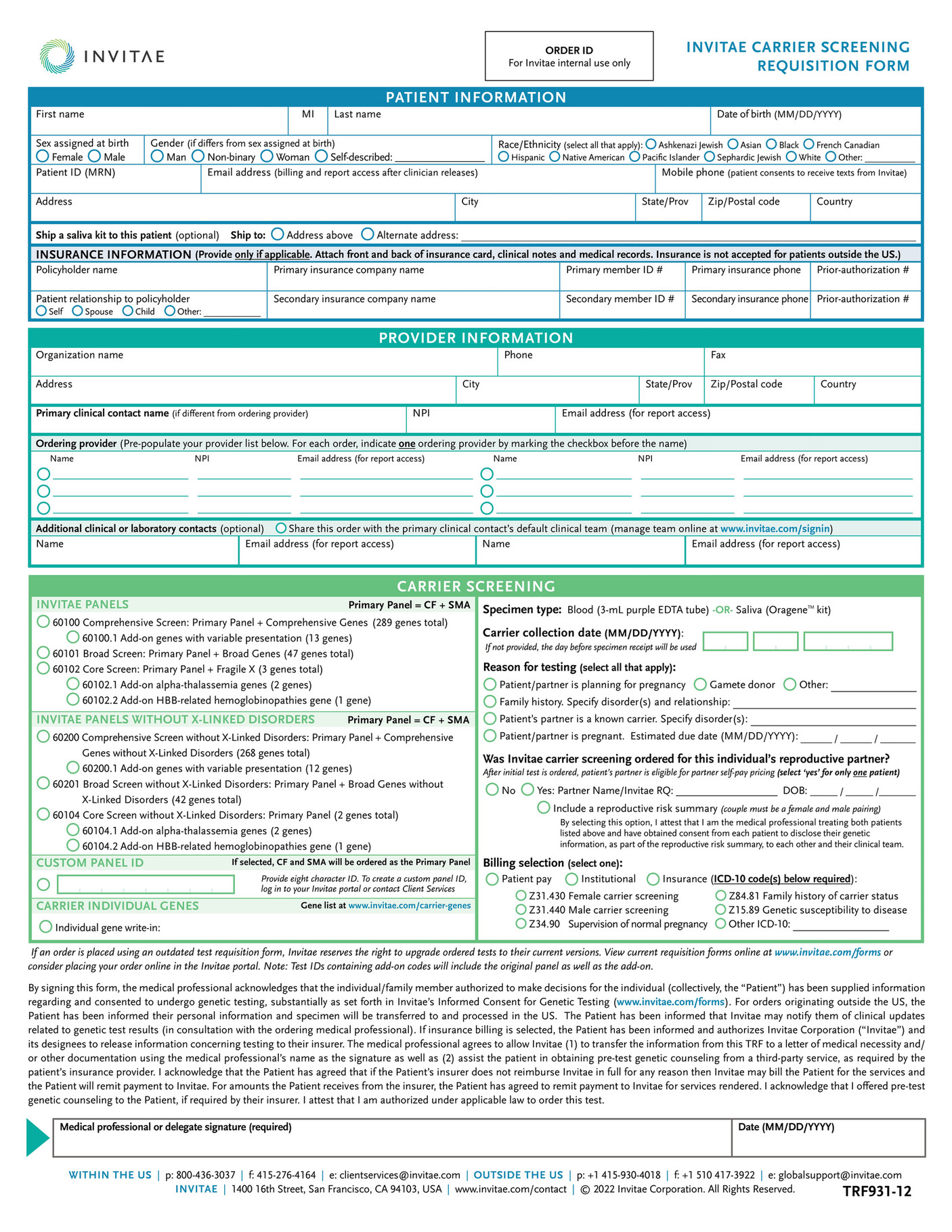 invitae-trf931-invitae-carrier-requisition-form-page-1