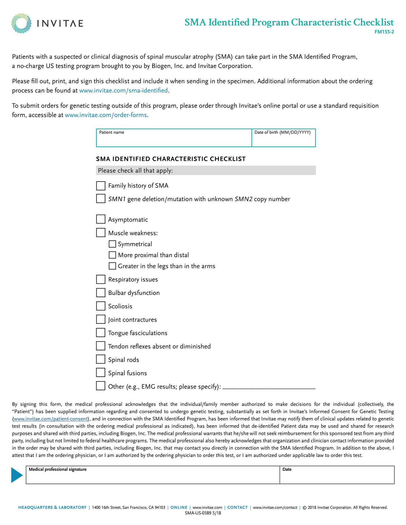 Invitae - FM155-2_Invitae_SMA_Identified_Symptom_Checklist - Page 1