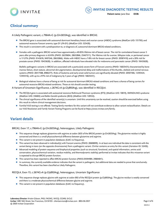 Invitae - SR272_Invitae_Sample_Report_BRCA2_Positive - Page 2