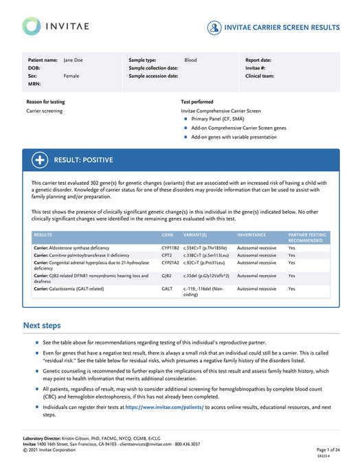 Invitae SR223 Invitae Carrier Positive Screen Results Page 1