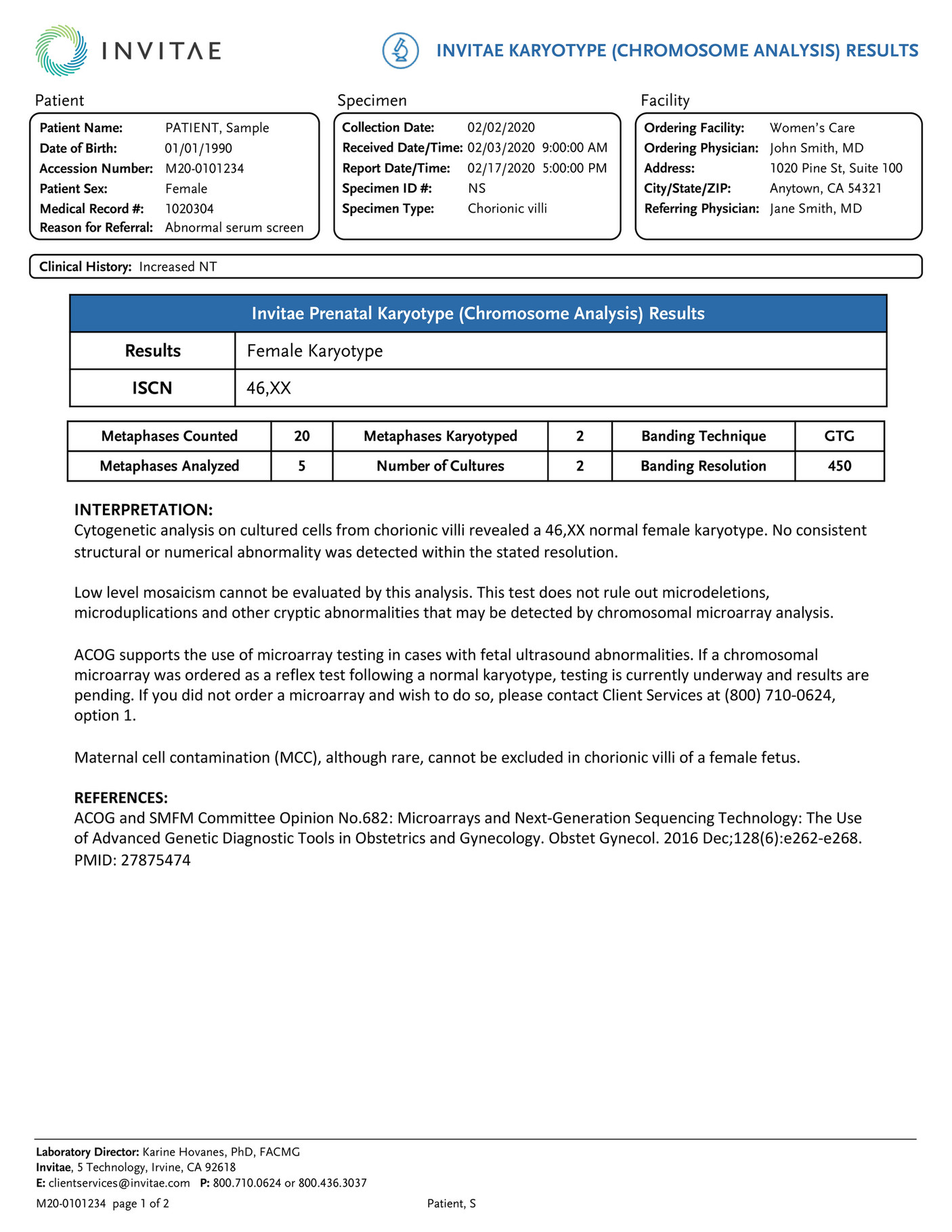 Invitae - Cvs Routine Chromosome Analysis Normal Female Sample Report 