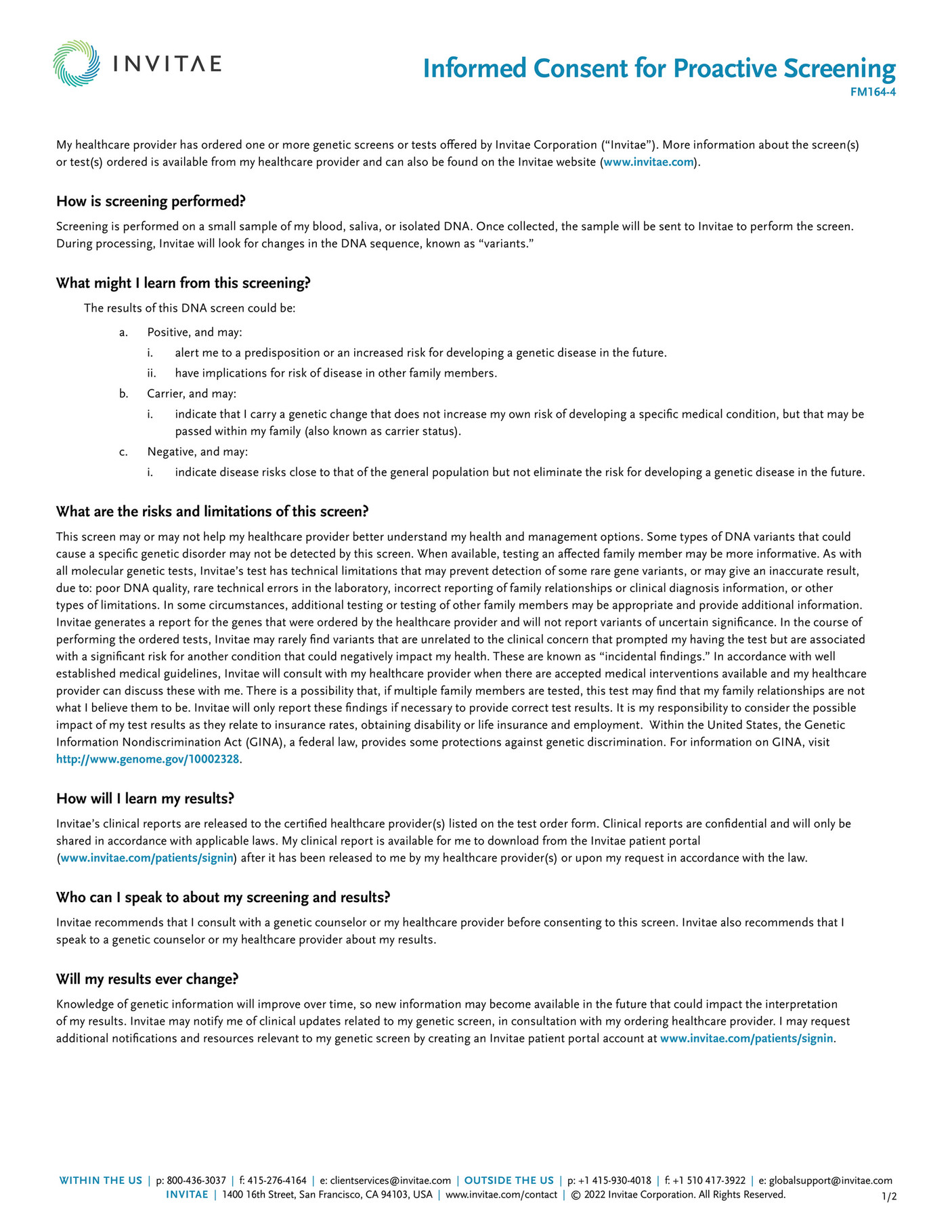 Invitae - FM164_Invitae_US_proactive_informed_consent - Page 1