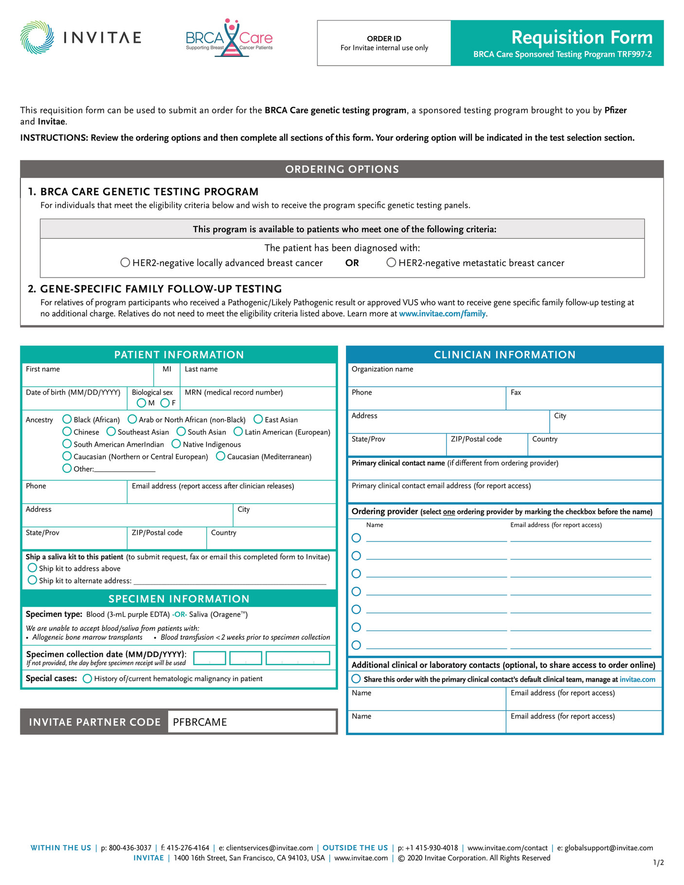 Invitae TRF997 Pfizer BRCA Care Requisition Form Middle East Region