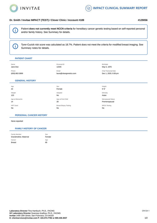 Invitae CN124 Gia Sample Clinical Summary Does NOT Meet NCCN Page 1