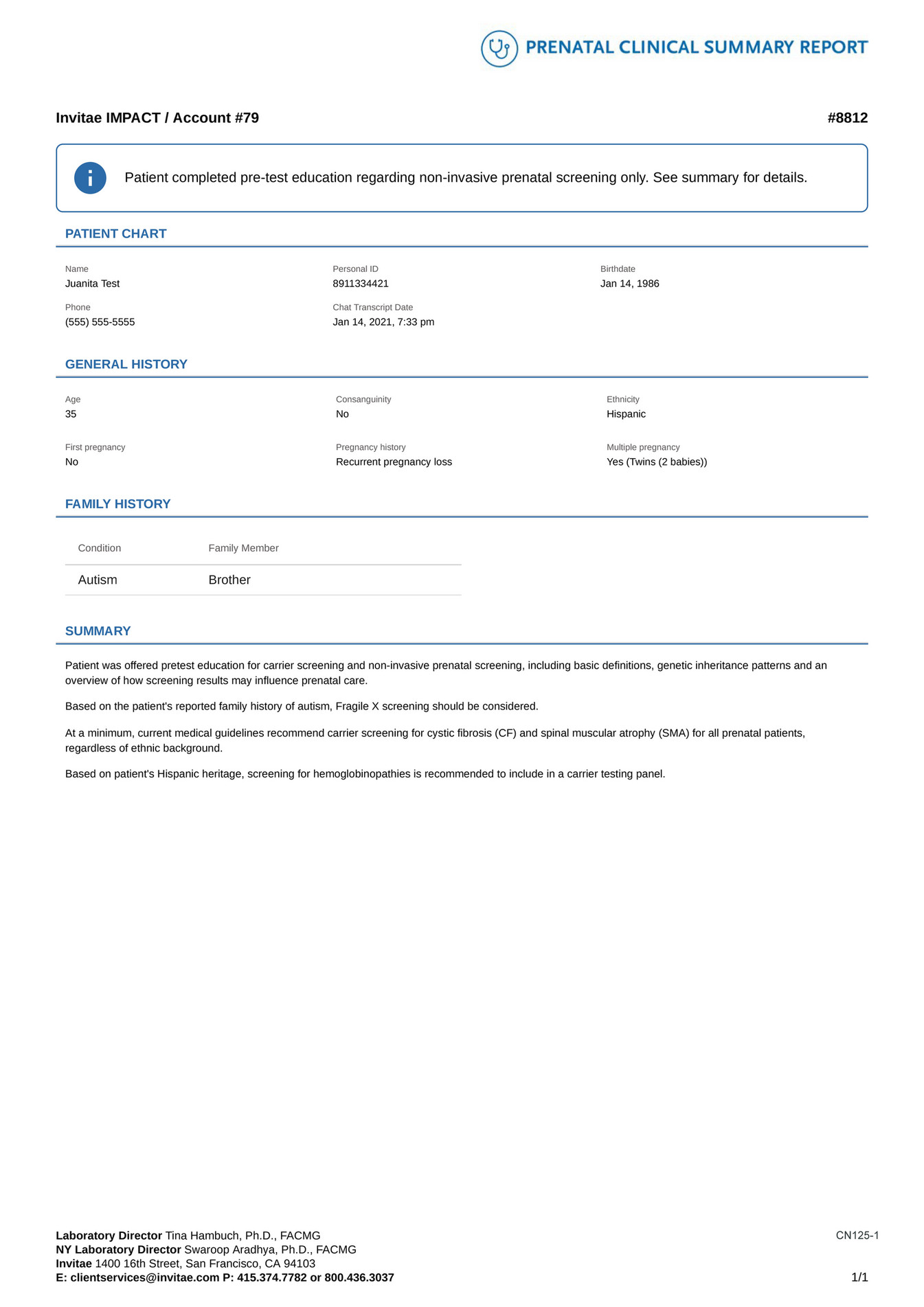 Invitae - CN125 Gia Sample Clinical Summary NIPS Carrier - Page 1