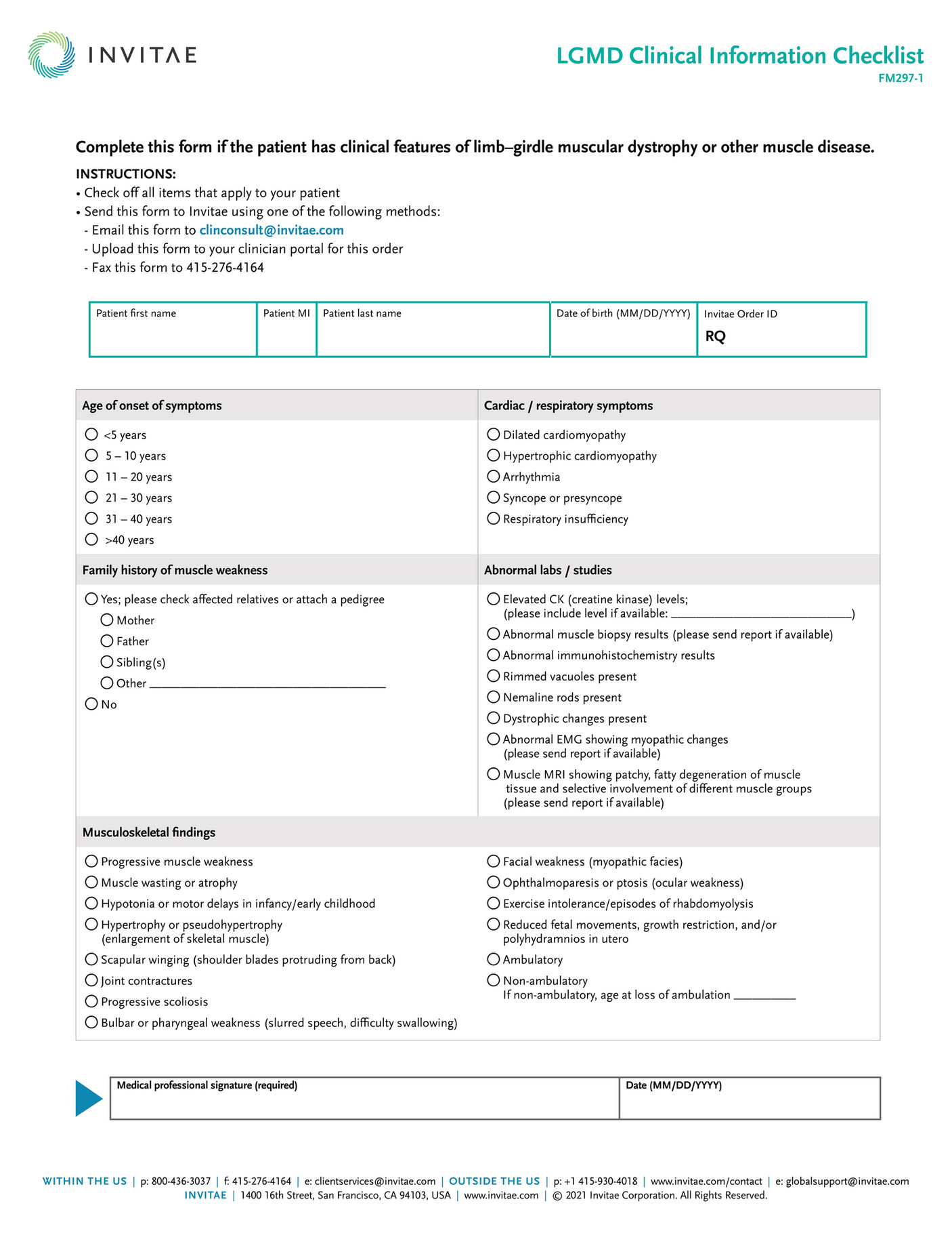 Invitae - FM297 Invitae LGMD Clinical Information Checklist - Page 1