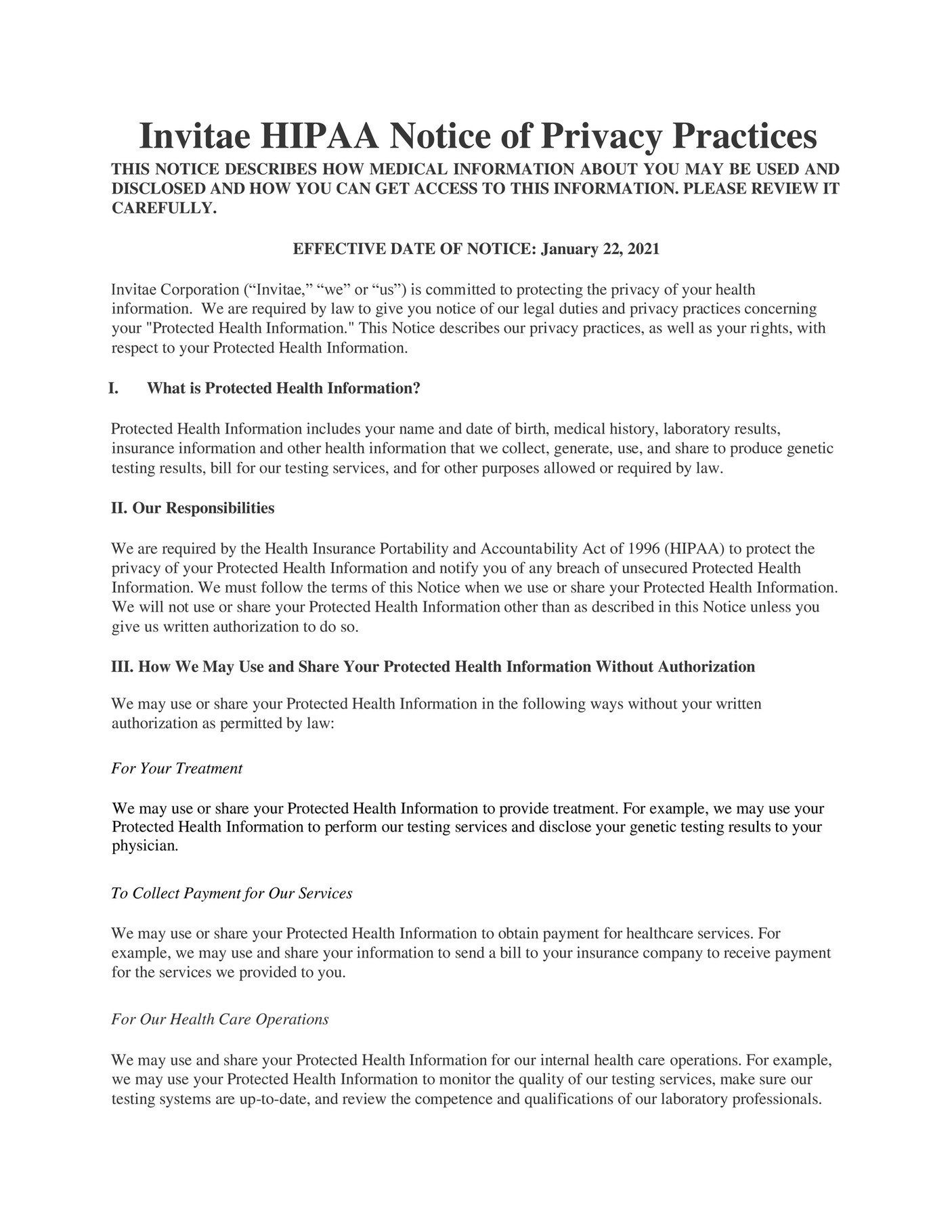 Invitae - Invitae HIPAA Notice of Privacy Practices - Page 1