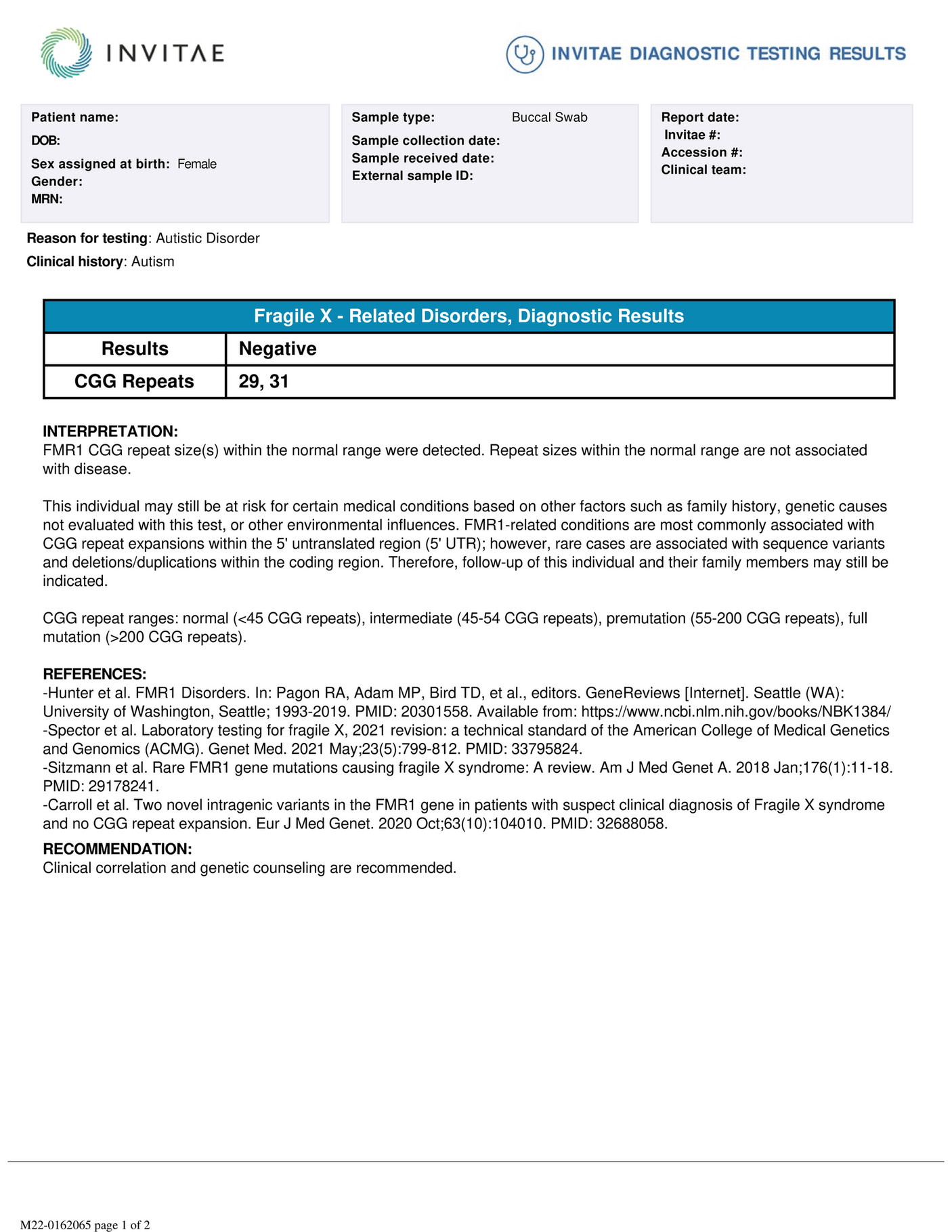 Invitae Sample Report Fmr1 Negative Female Page 1