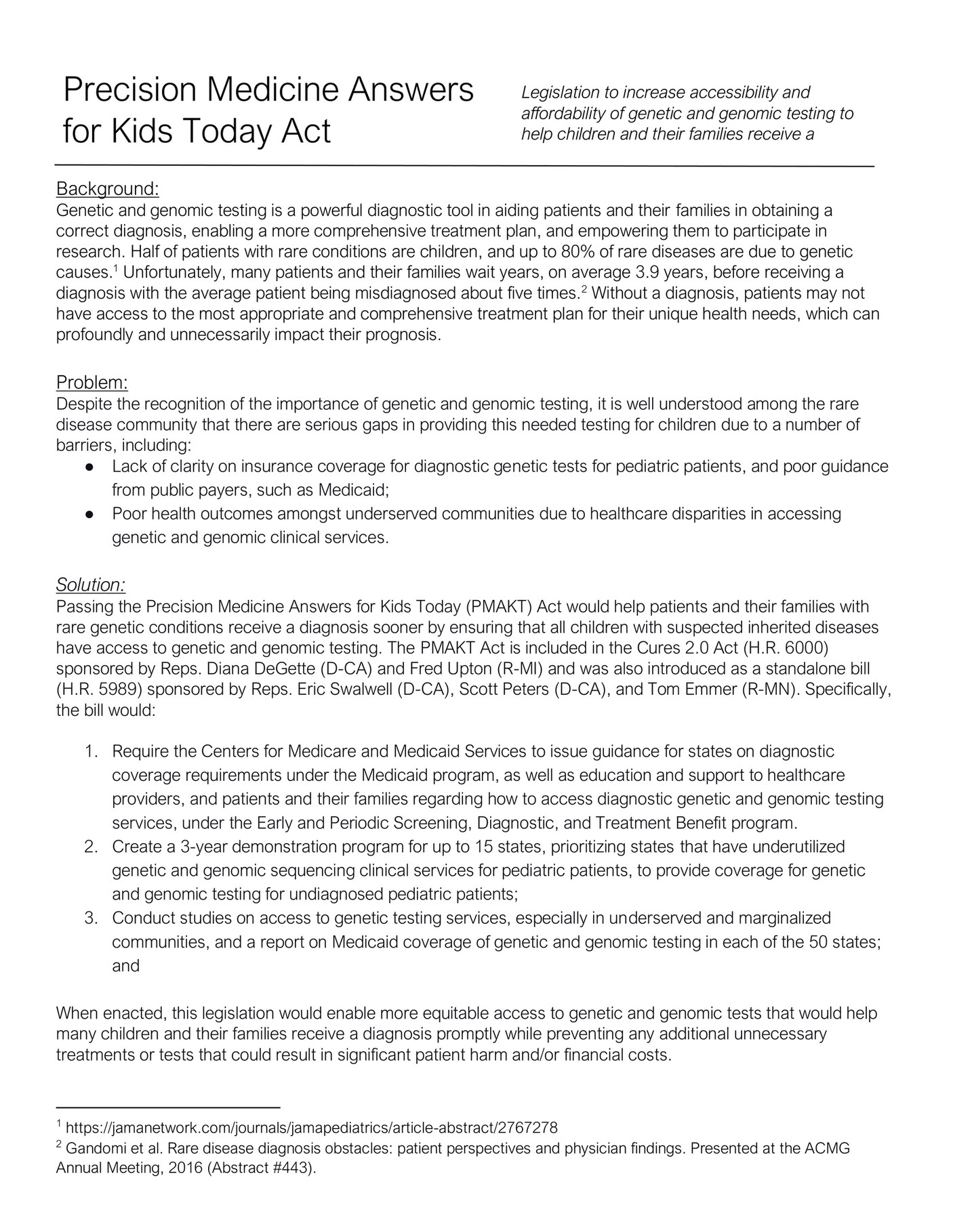 Invitae Precision Medicine Answers For Kids Today Act One Pager Page 1