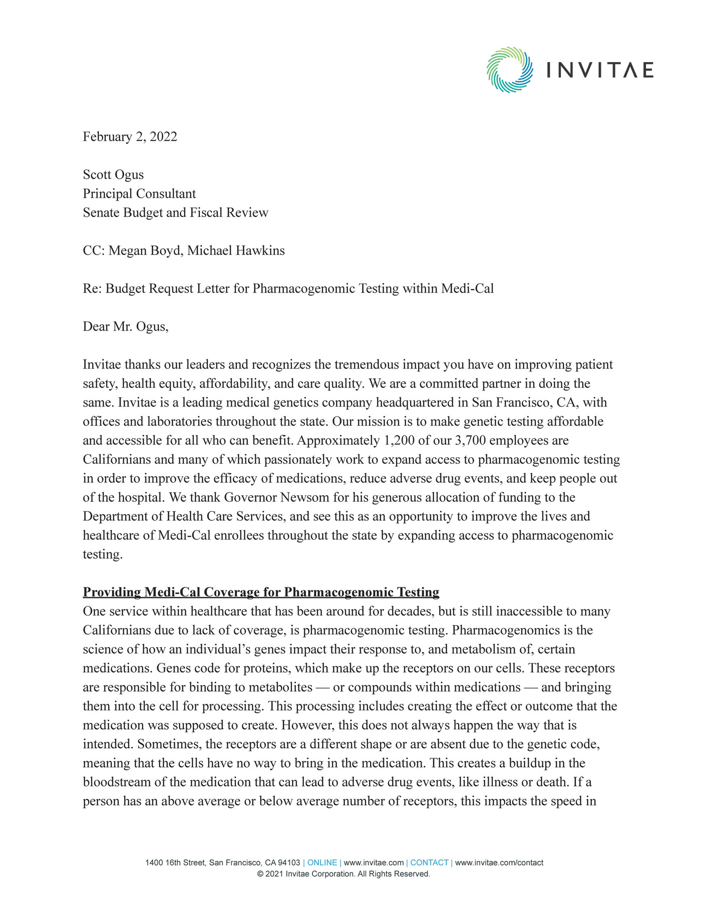 Invitae - Invitae_Budget Request Letter_Senate_Pharmacogenomics - Page 1