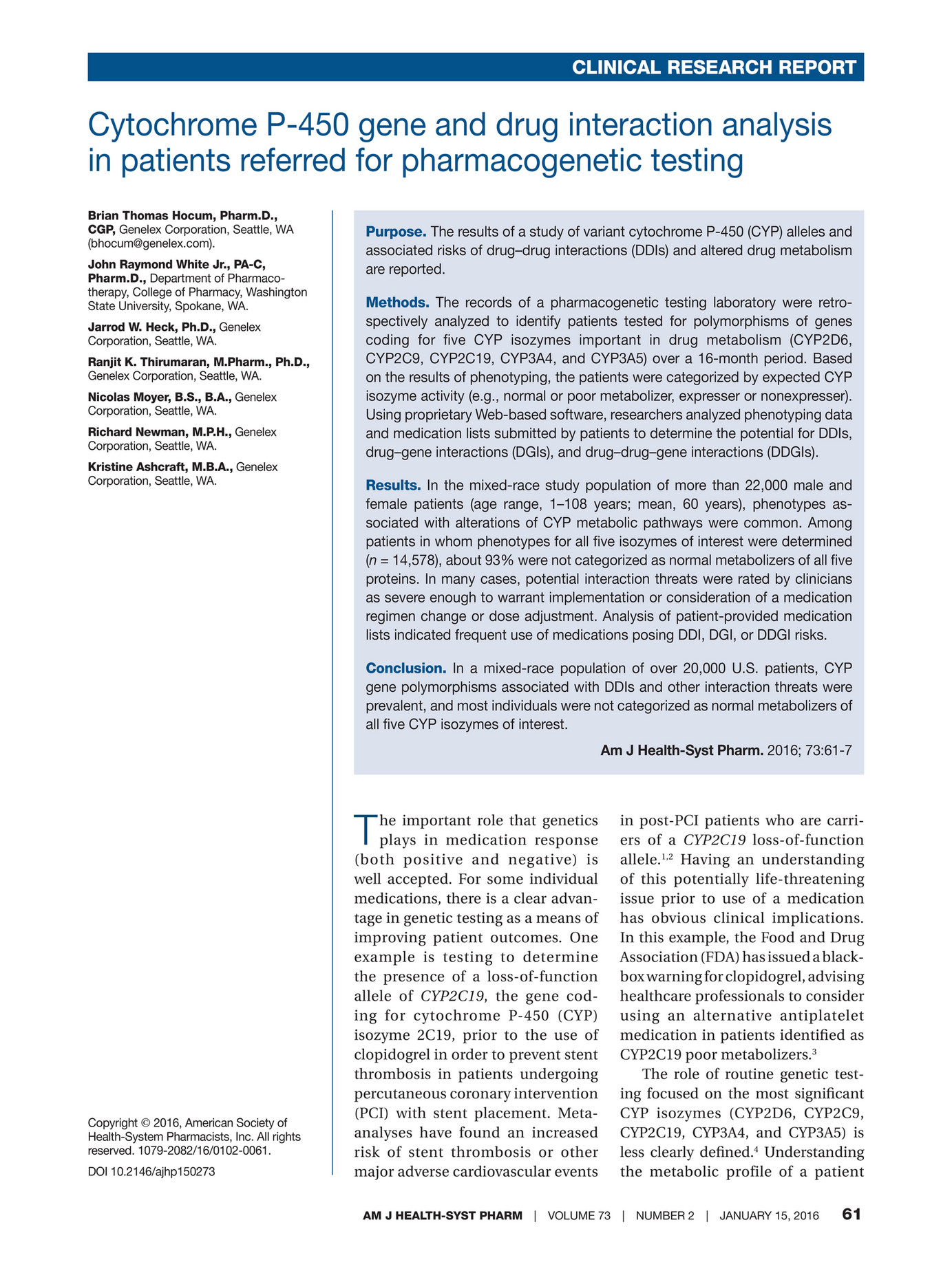 Invitae - 2016_Hocum_CYP450 Gene And Drug Interaction Analysis In ...