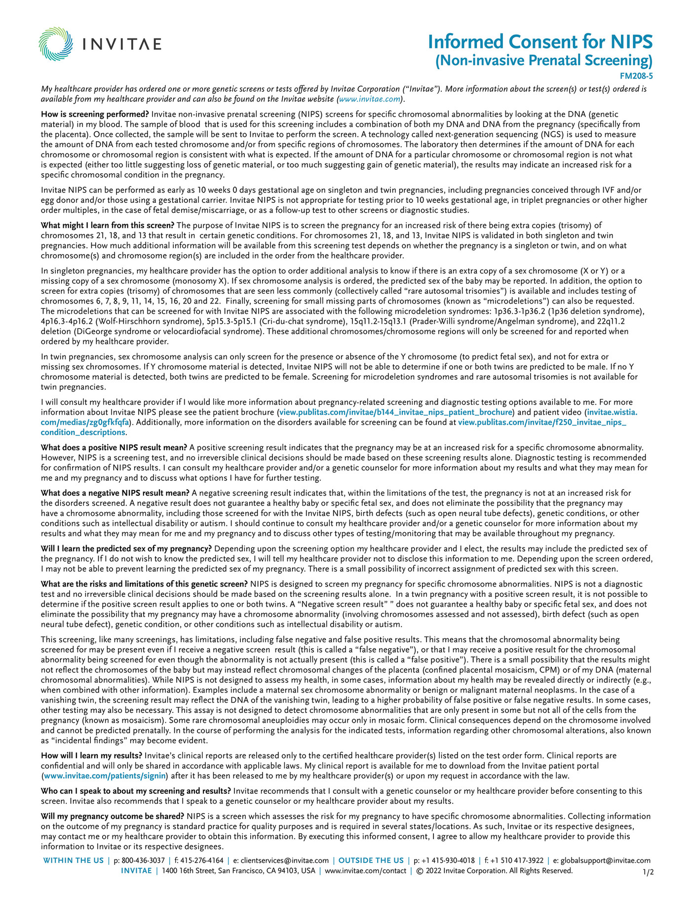 Invitae FM208 Invitae NIPS carrier patient informed consent Page 2