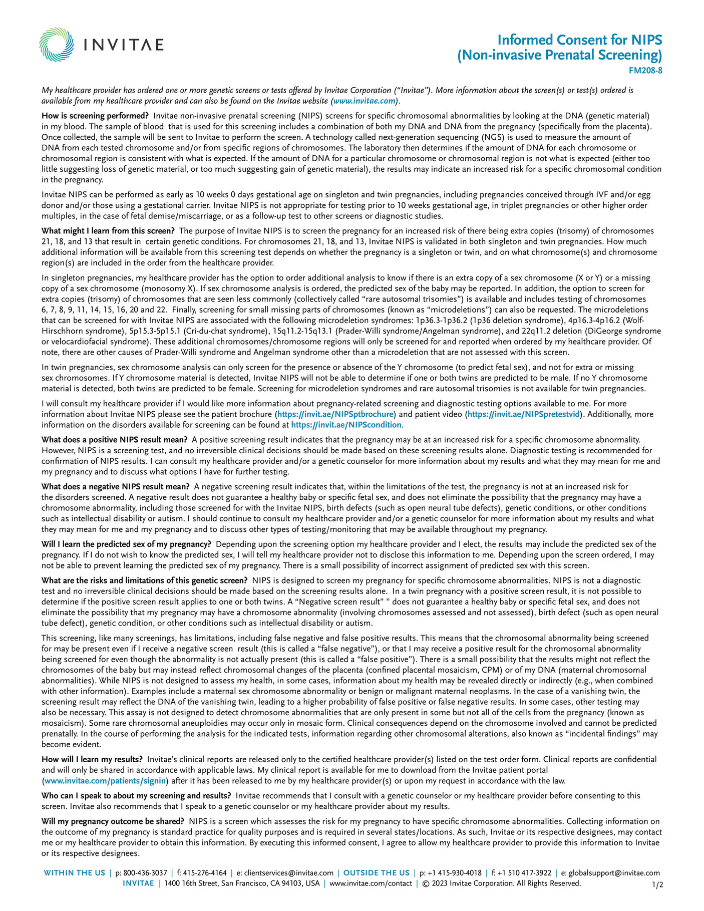 Invitae FM208 Invitae NIPS carrier patient informed consent Page 2