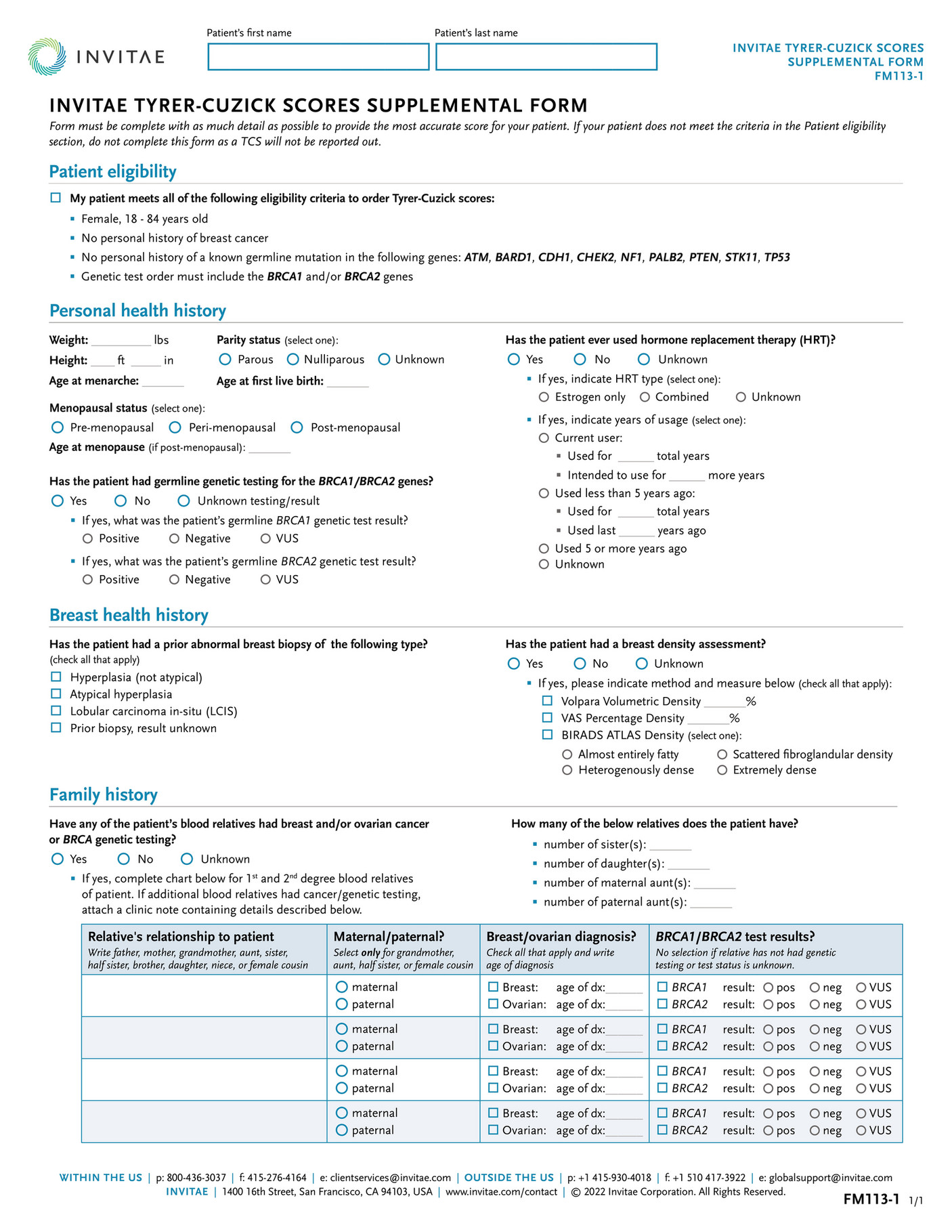 Invitae - FM113 Tyrer-Cuzick Scores Supplemental Form - Page 1