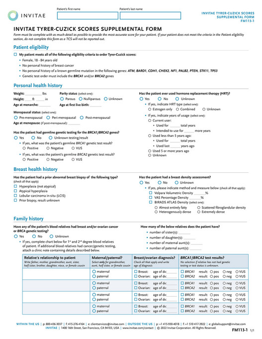 Invitae FM113 TyrerCuzick Scores Supplemental Form Page 1