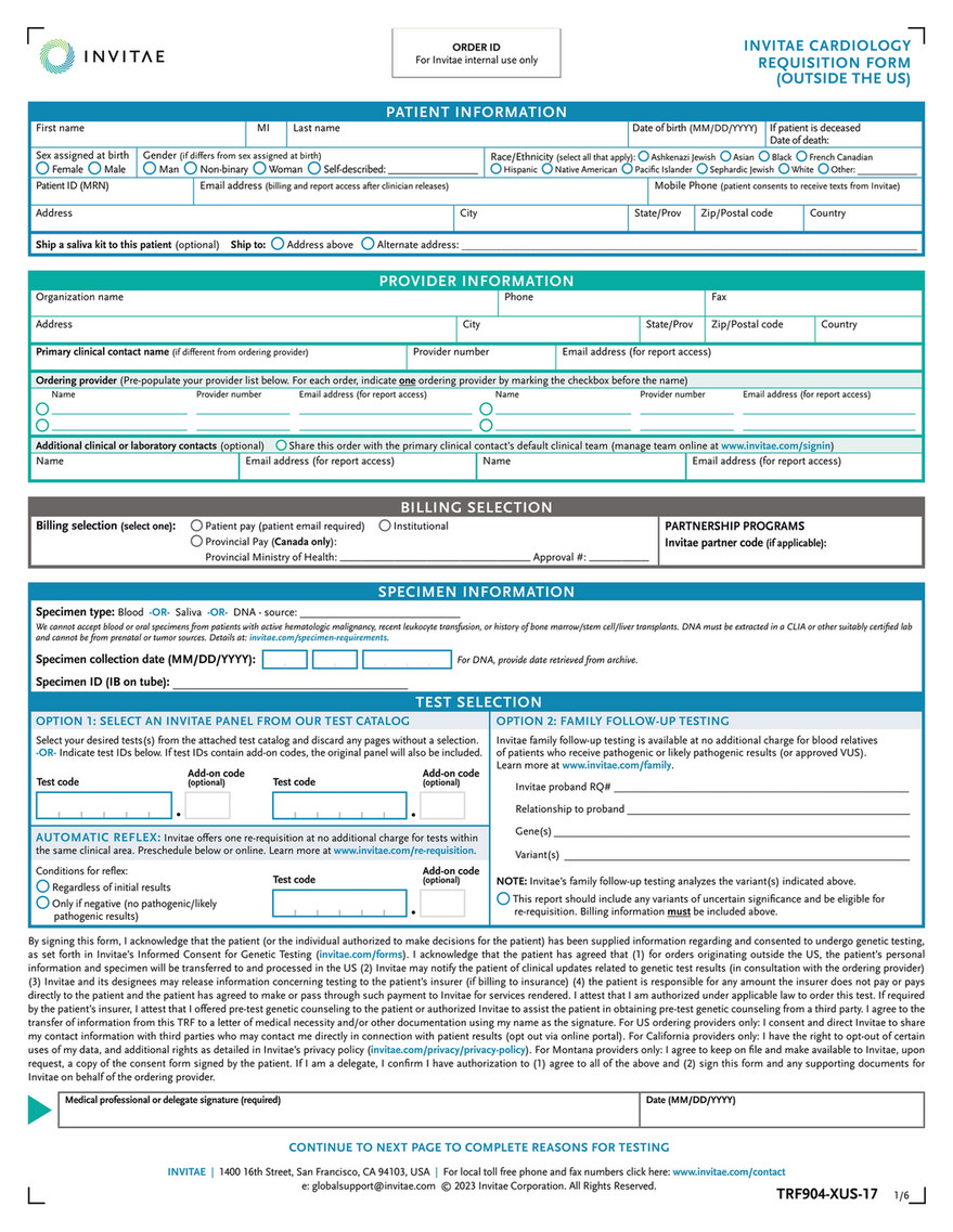 Invitae - TRF904_XUS_Invitae_Cardio_Requisition_Form - Page 1