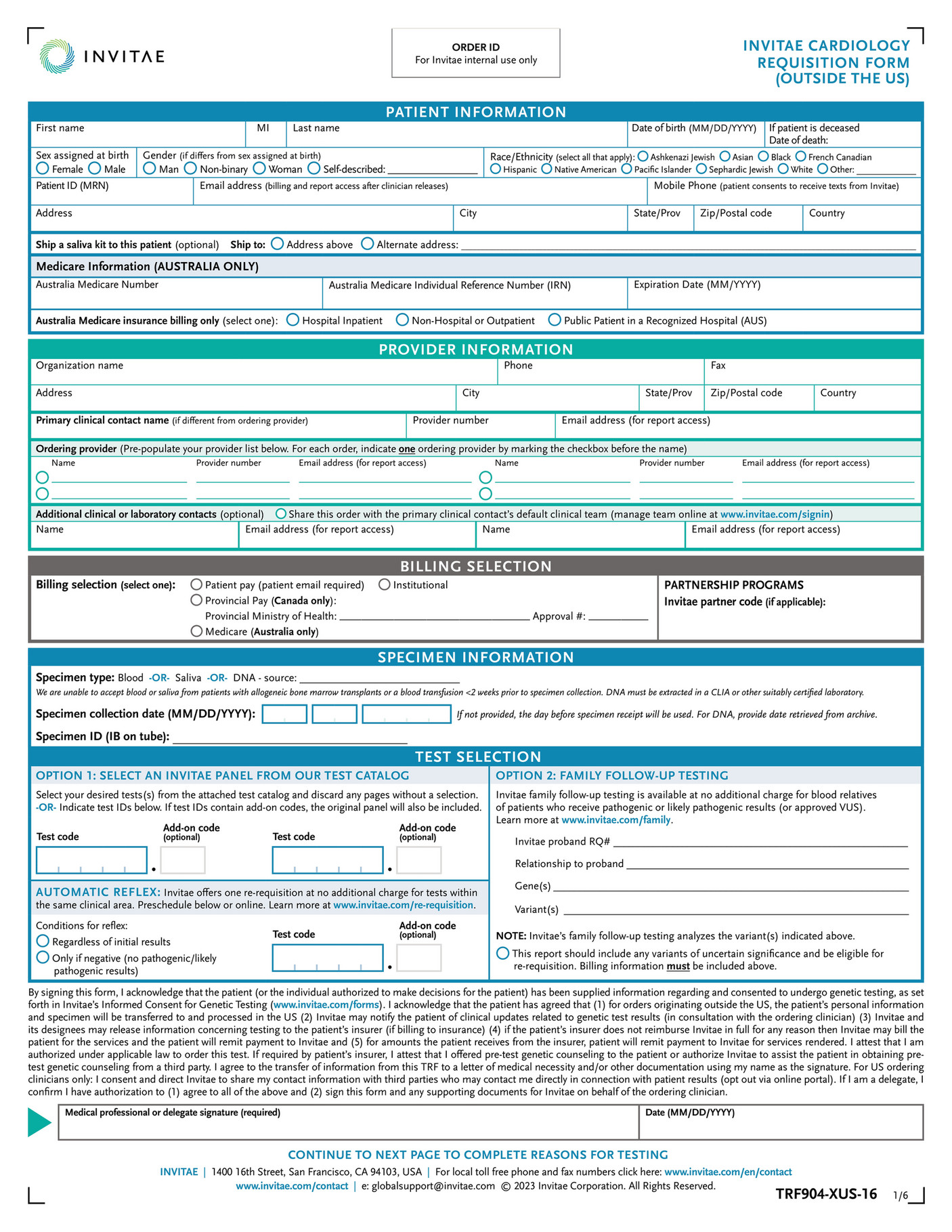 Invitae - Trf904 Xus Invitae Cardio Requisition Form - Page 1