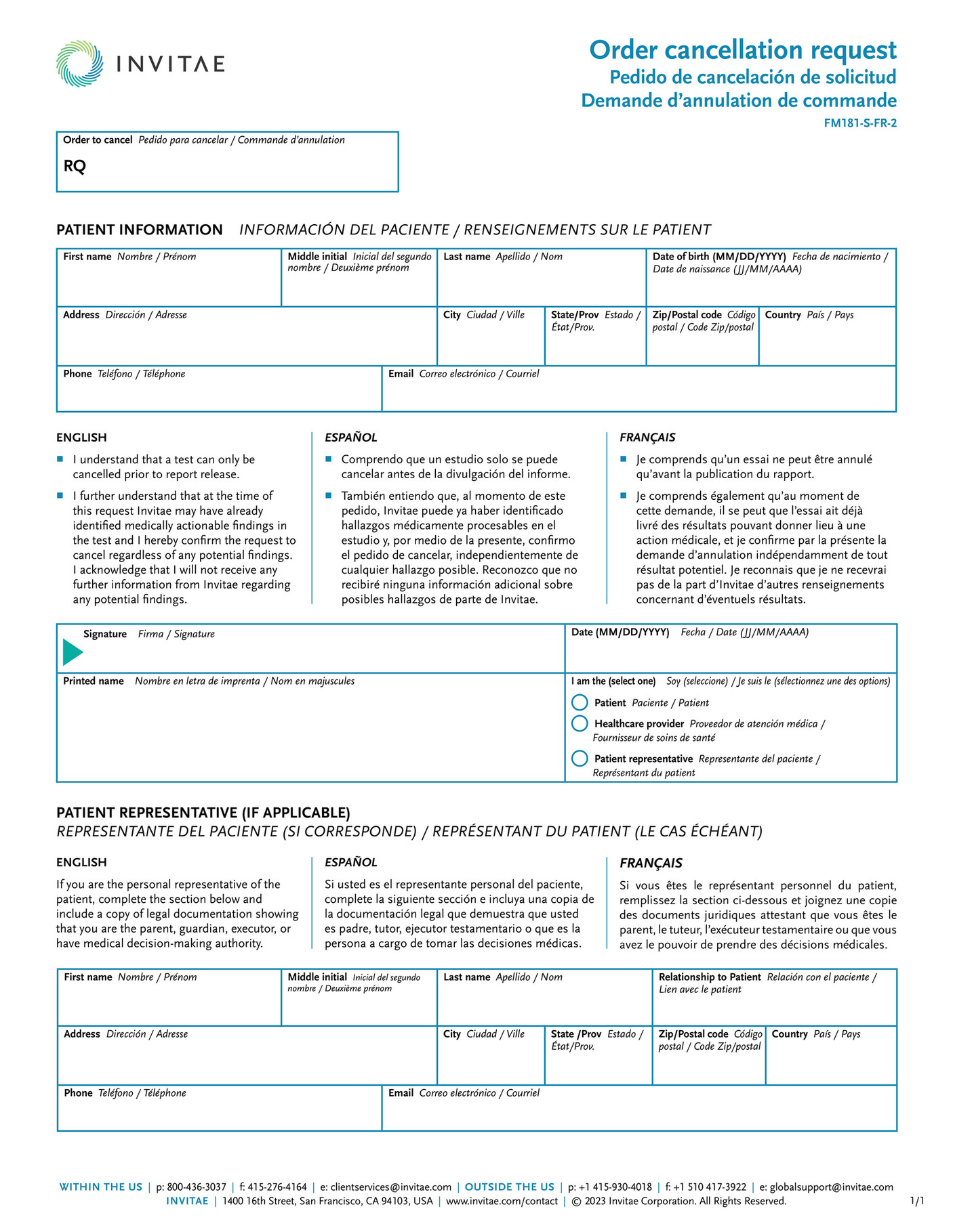 Invitae - FM181-S-FR - Order Cancellation Form_Spanish & French ...