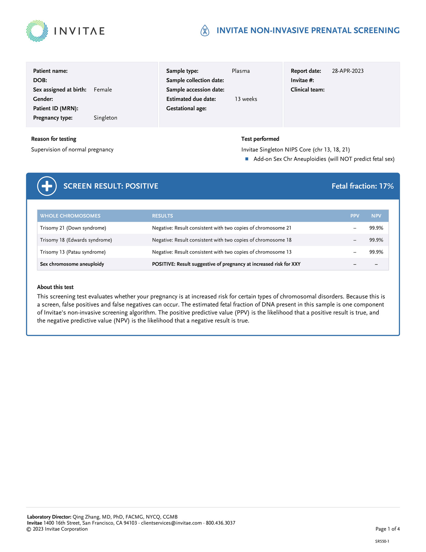 Invitae SR550 NIPS Positive Report XXY Page 1