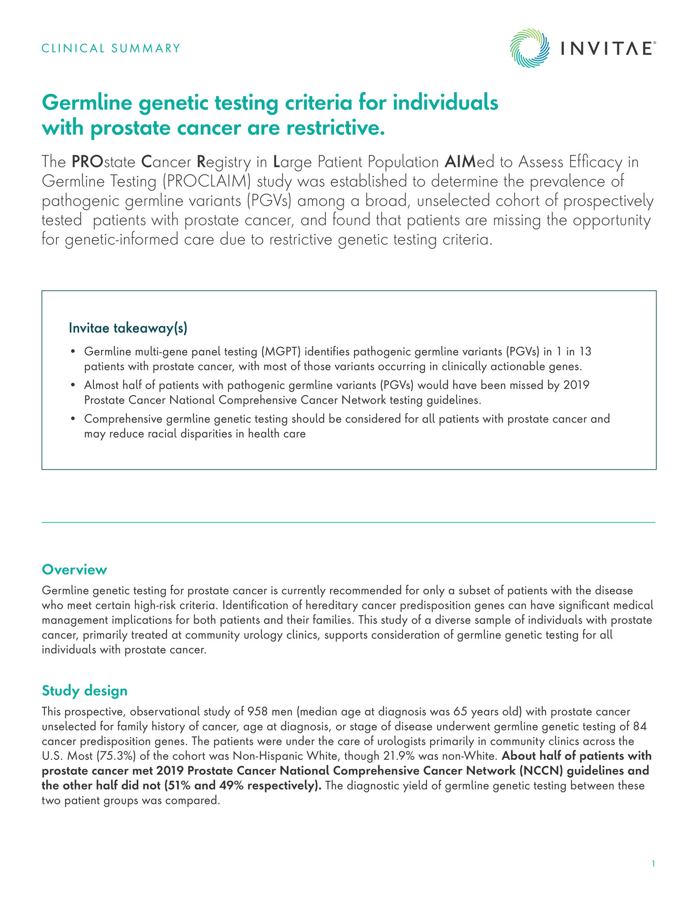 Invitae - F641 Clinical Summary PROCLAIM I - Page 1