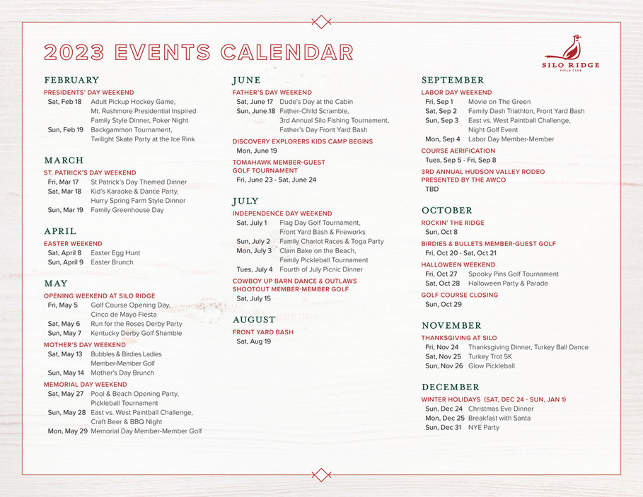 Silo Ridge Field Club Event Calendar Page 1
