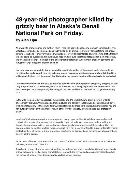 Alan Lipa publications - 49 year old photographer killed by grizzly ...