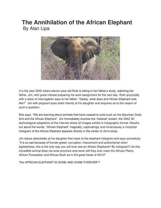 Alan Lipa publications - The Annihilation of the African Elephant by ...