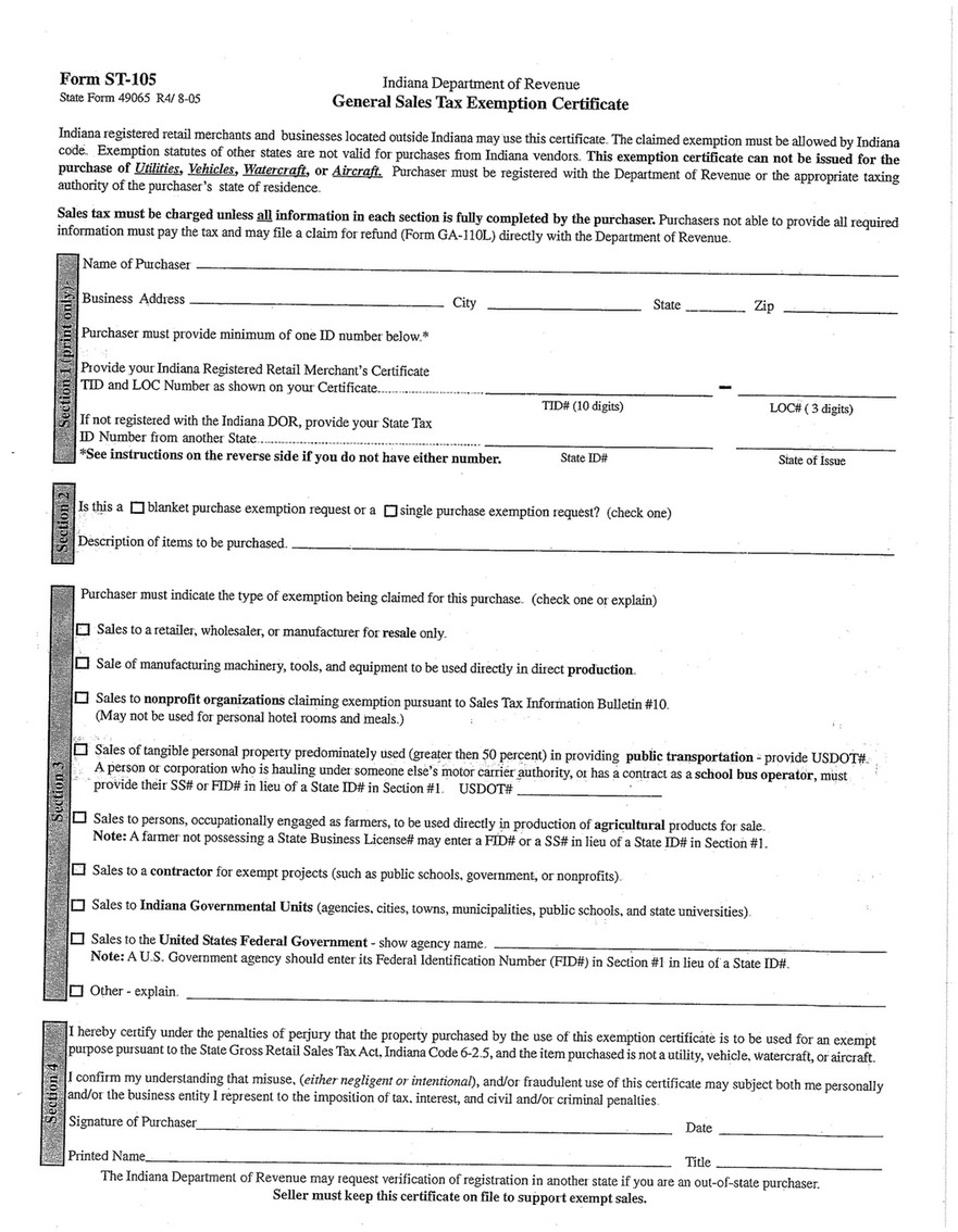 Ingram Sales - SBV Sales Tax Exempt Form - Page 1