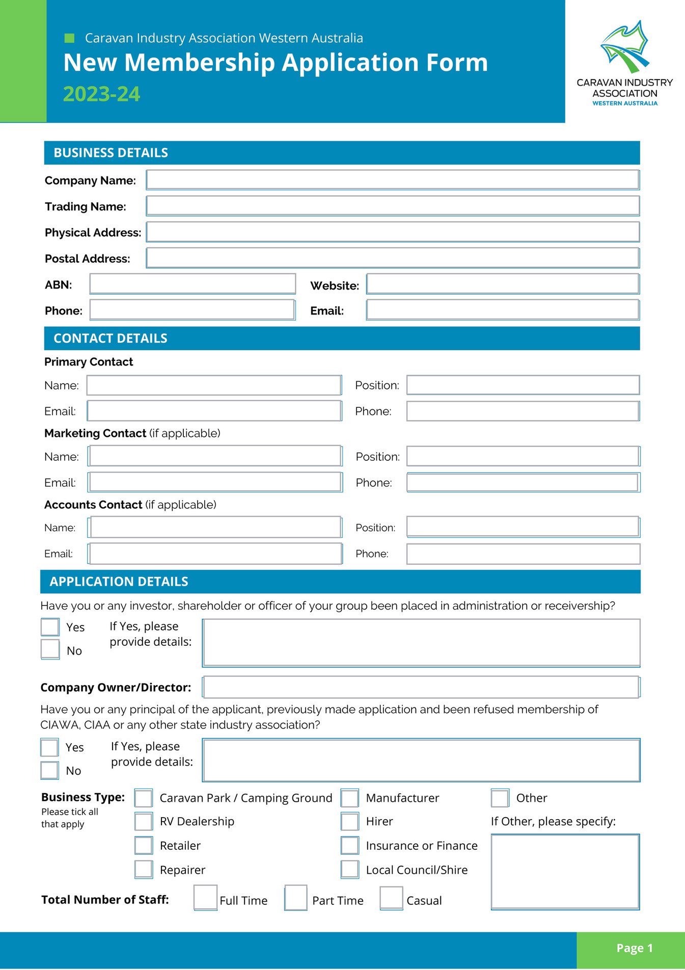 Caravan Industry Association Western Australia - Membership Form - Text ...